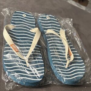 Blue and White Striped Flip Flops with Cream Straps
